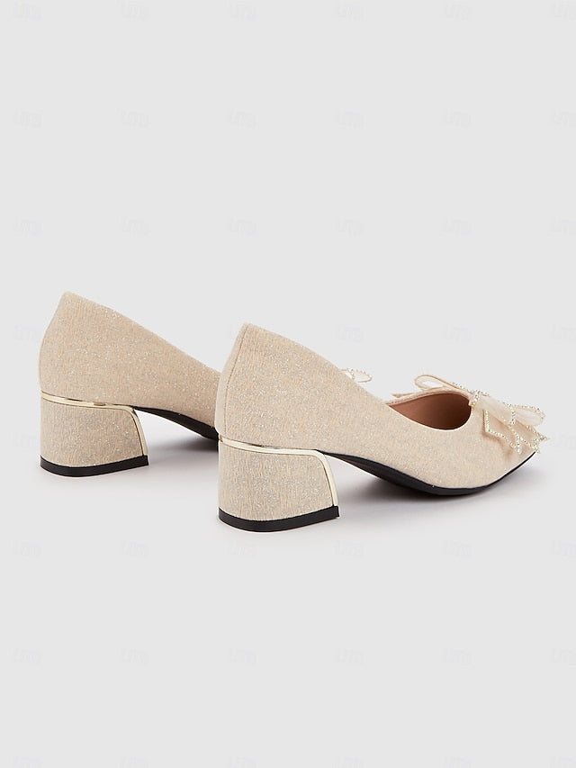 Gold Pumps Glitter - Heel Decoration Bow Women's Block with