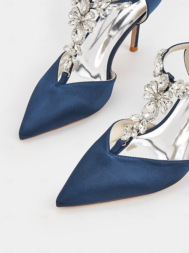 Navy Satin T-Strap Heels Blue Toe – Women's Pointed