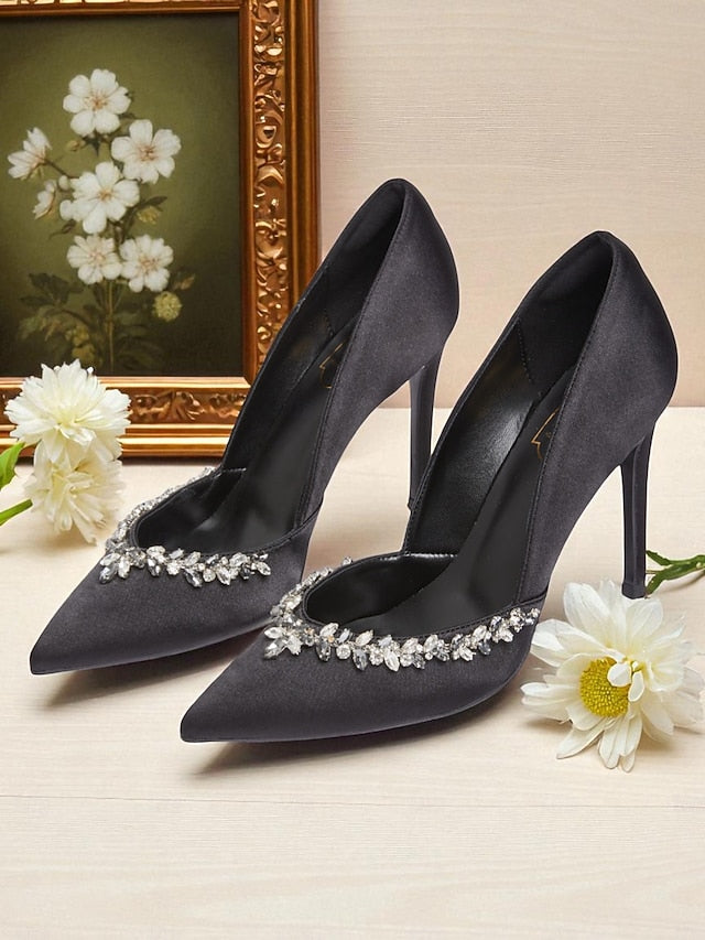 Toe Pointed Satin Heels with Crystal Women's Embellishment