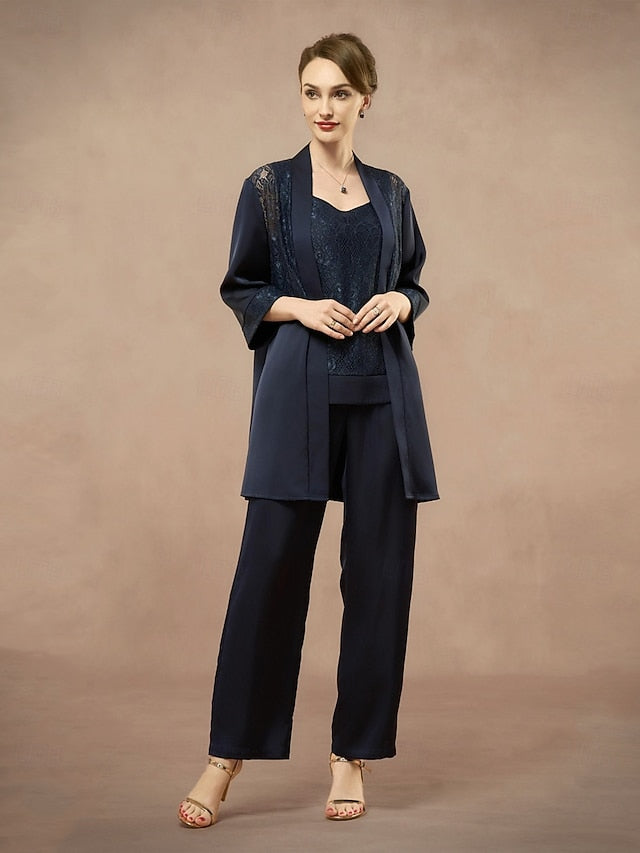 3 Piece Mother of the Bride Pantsuit Metalic Floral Lace
