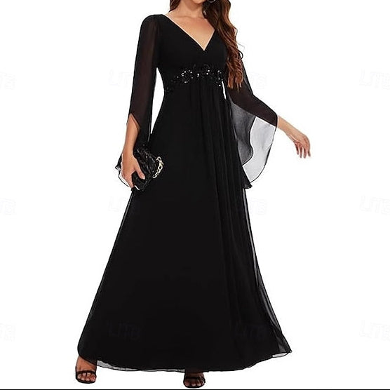 A-Line Dress Floor the Bride Mother V Neck Simple Elegant of