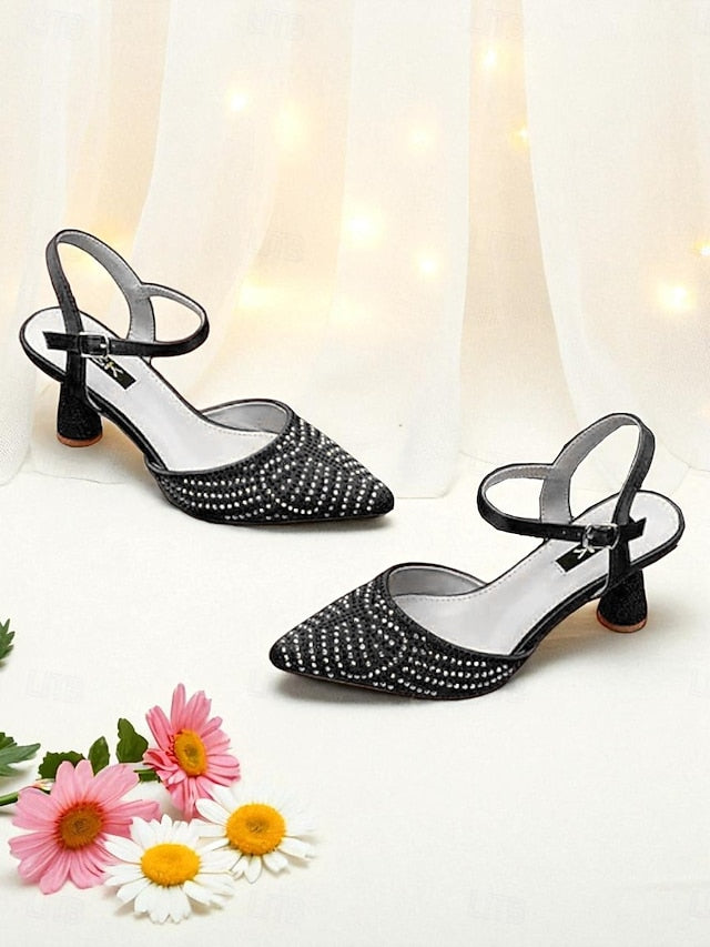 Women's Red Toe Rhinestone Pointed Heels Slingback