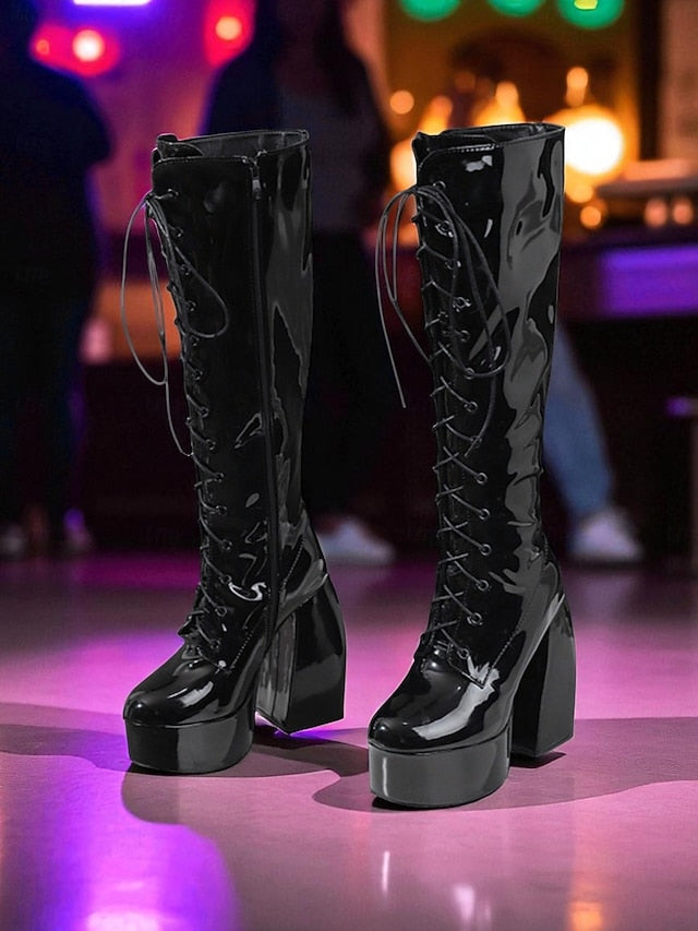 - Metallic Platform Knee High Women's Lace-Up Silver Boots