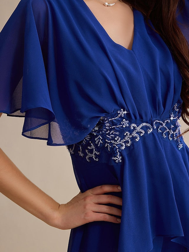 Wedding Royal Chiffon Cuff Blue Embroidered Guest Flare Sequin