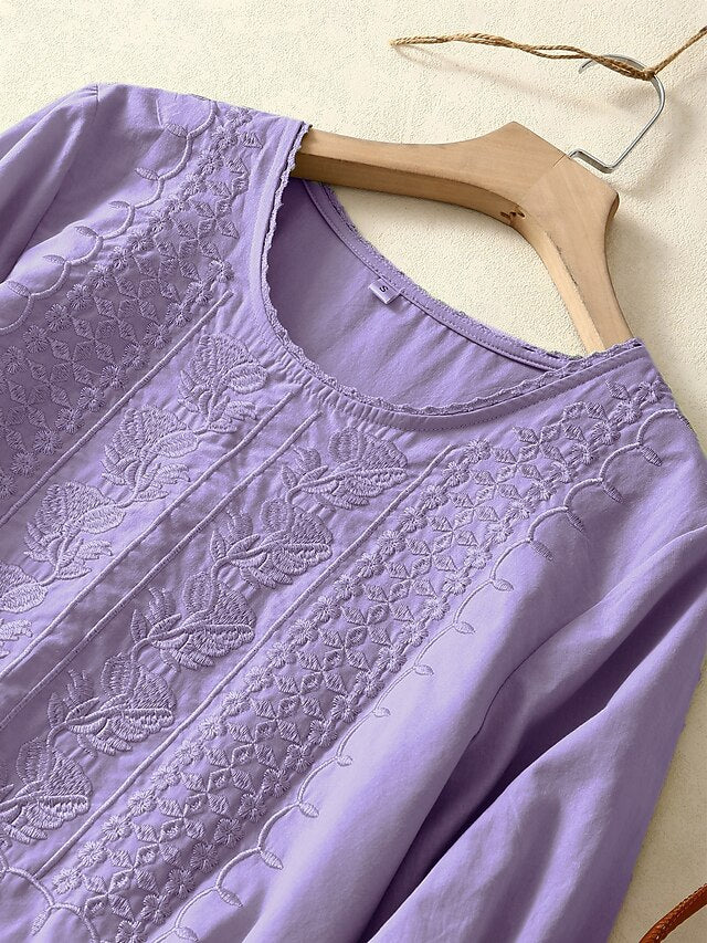 Women's Shirt Embroidered Solid Color Floral Casual Boho