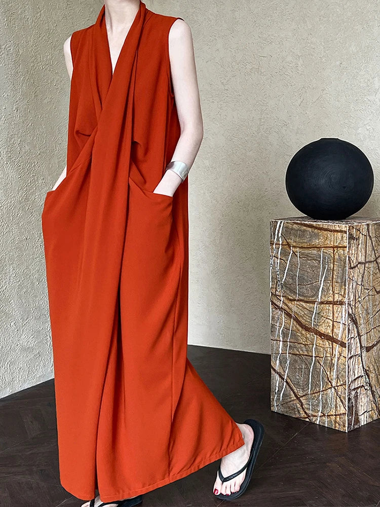 Pockets with Draped Sleeveless Dress Elegant Midi