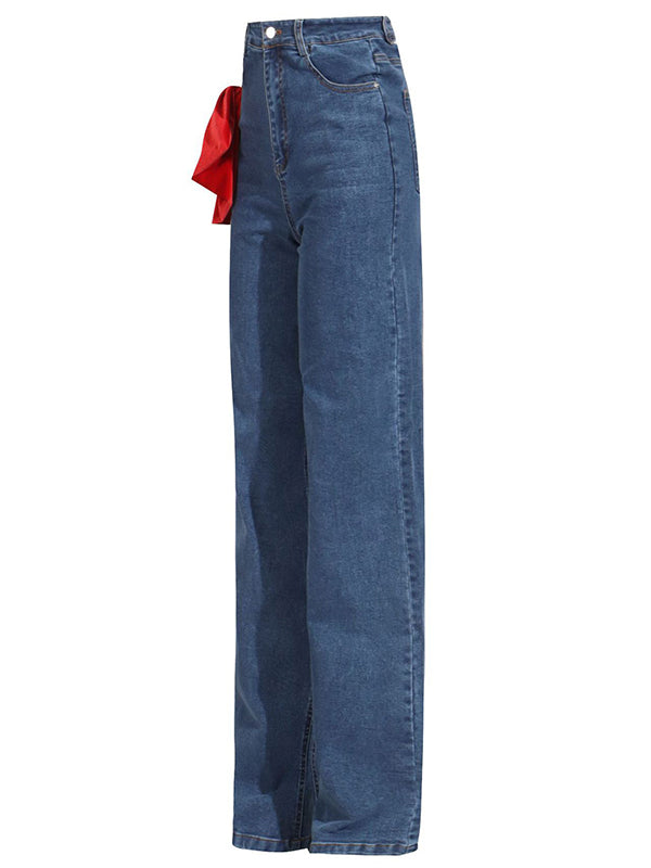 Rote schicke gebundene gerade Jeans mit hoher Taille und Knöpfen 