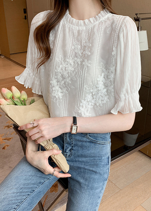 Shirts Chiffon White Bohemian Summer Embroidered Floral
