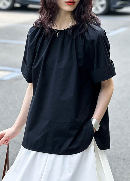 Black Side Open Solid Cotton Tops O Neck Short Sleeve AF1085