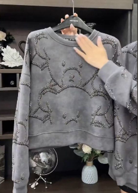 Fashion Grey O-Neck Sequins Sweatshirt Fall WD035