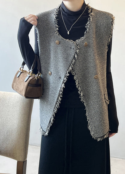 Chic Grey Tasseled Double Breast Knit Vest Sleeveless AF1053