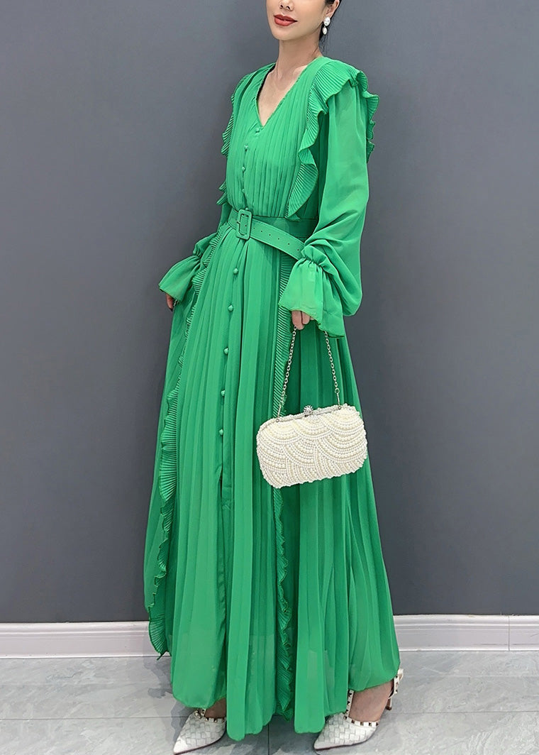 New Green Ruffled Button Sashes Chiffon Dress Long Sleeve AR1033