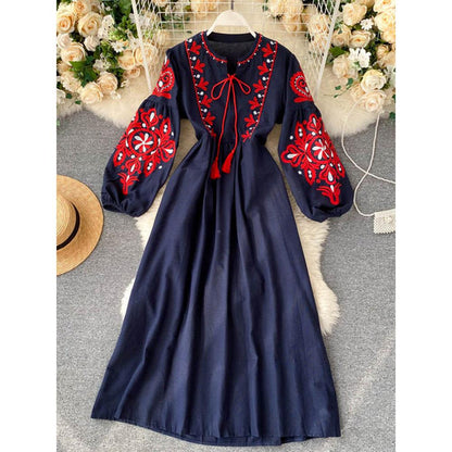 Bohemian Navy O-Neck Lacing Embroidered Flower Lantern Sleeve A-line Dress AR1011