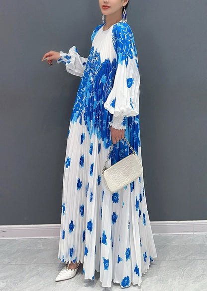 Style White Blue O Neck Print Wrinkled Long Dresses Petal Sleeve AO1001