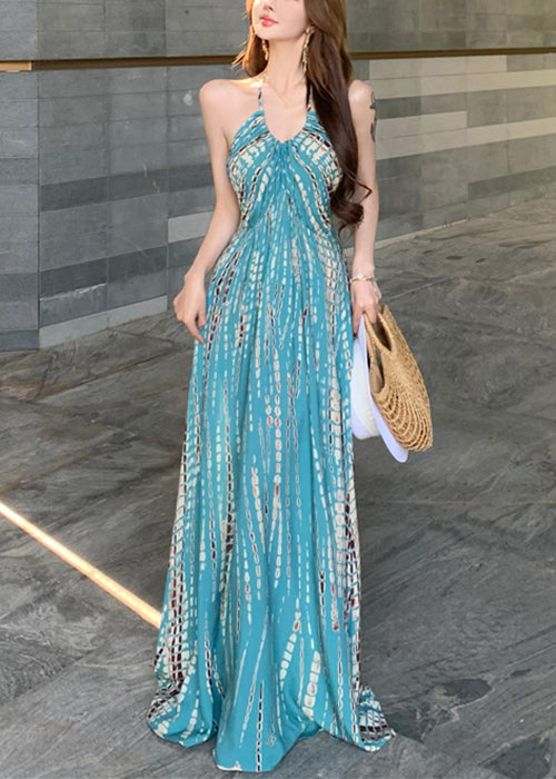 Printkleid Ärmellos Rückenfrei Blau Urlaub Baumwolle Stilvoll 