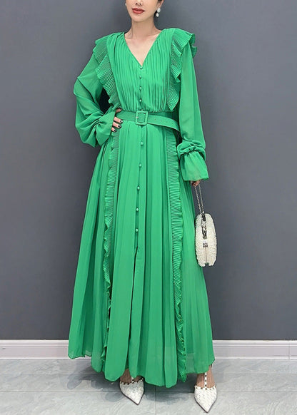 New Green Ruffled Button Sashes Chiffon Dress Long Sleeve AR1033