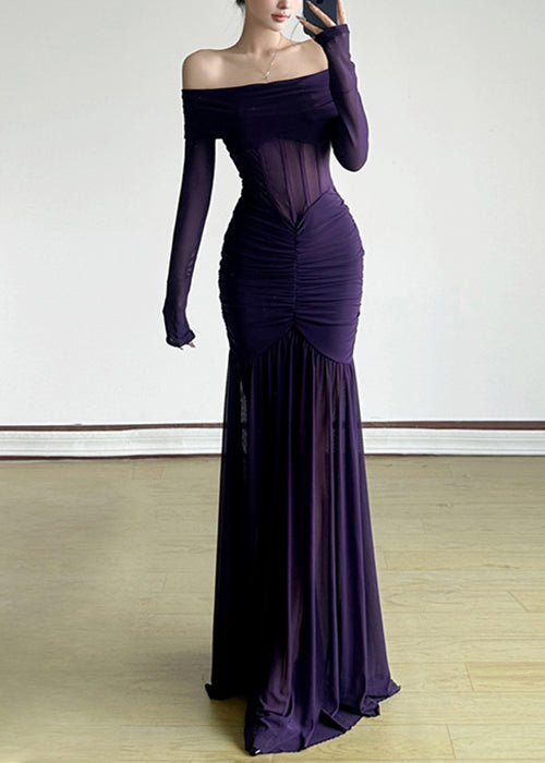 Slash Dresses Stylish Wrinkled Spring Neck Tulle Maxi Purple