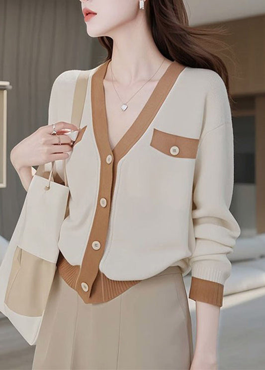 Fashion Colorblock V Neck Patchwork Button Cotton Knit Cardigans Fall QP026