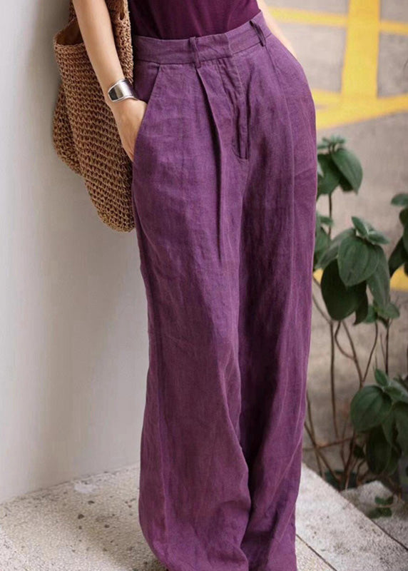 Organic Purple Pockets High Waist Linen Wide Leg Pants Fall AN1019