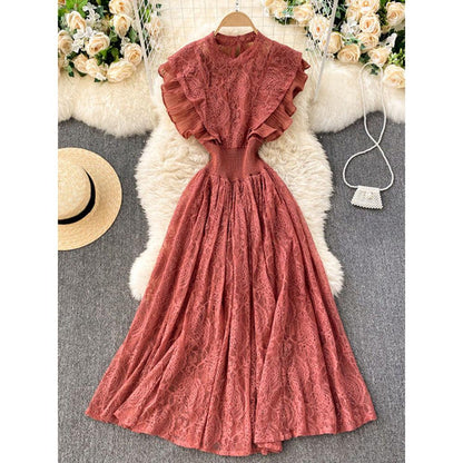 Temperament Olive Lace Ruffled Pleated Hem Flying Sleeve Dress AR1002