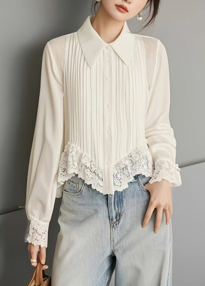 Art White Button Lace Solid Chiffon Blouses Spring RV040