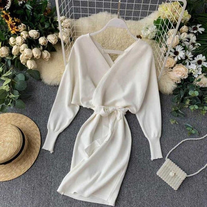 Elegant Beige V Neck Tie Waist Long Batwing Sleeve Dress AR1021