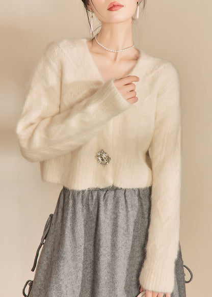 Fashion White V Neck Woolen Short Cardigans Fall WV014