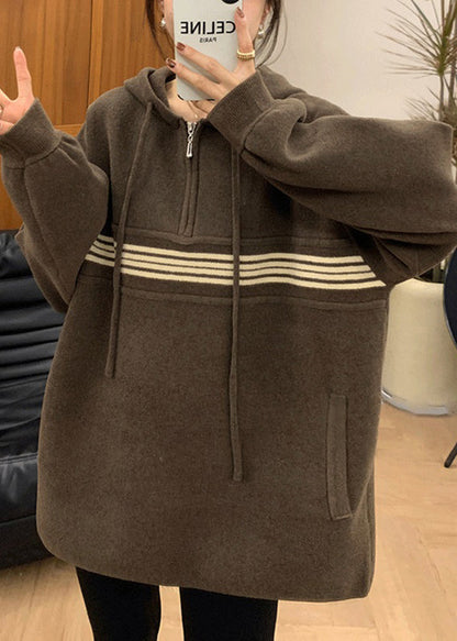 Women Apricot Hooded Zippered Pockets Sweatshirt Fall QX031