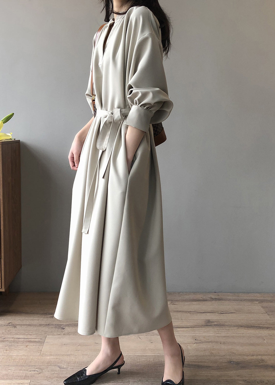 Elegant Apricot V Neck Tie Waist Cotton Long Dress Fall AF1069