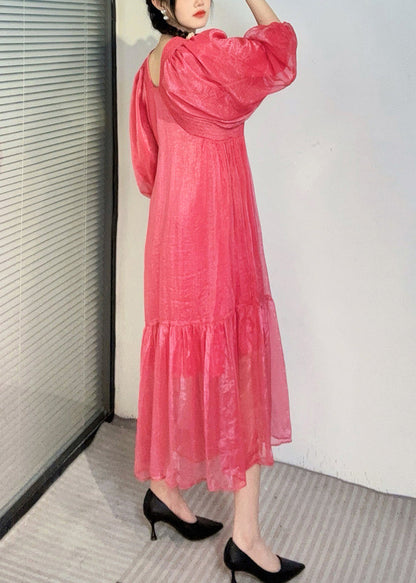 Summer New Watermelon Red V Neck Wrinkled Puff Sleeve Long Dress AO1050