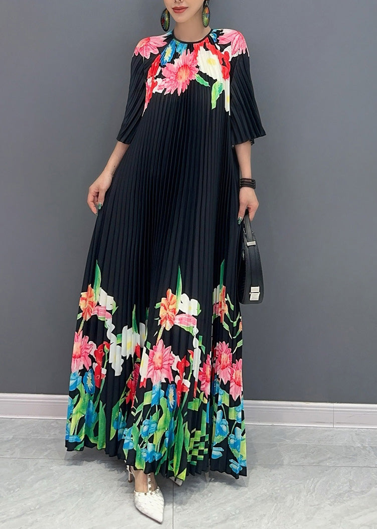 Classy Black O-Neck Print Flattering Maxi Dresses Half Sleeve AO1039