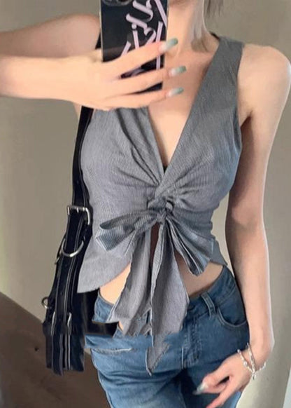 Sexy Grey V Neck Tie Waist Vest Summer AN1028