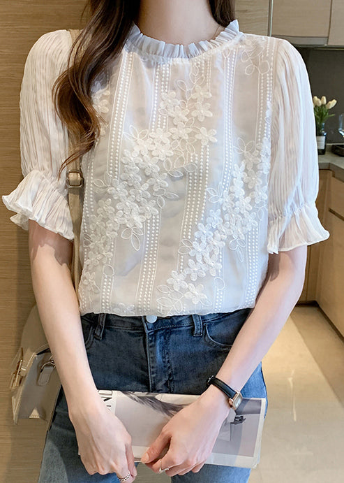 Shirts Chiffon White Bohemian Summer Embroidered Floral