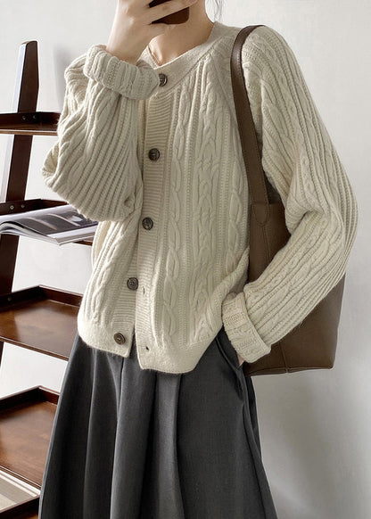 French Grey O-Neck Button Cable Knit Coat Fall AF1100