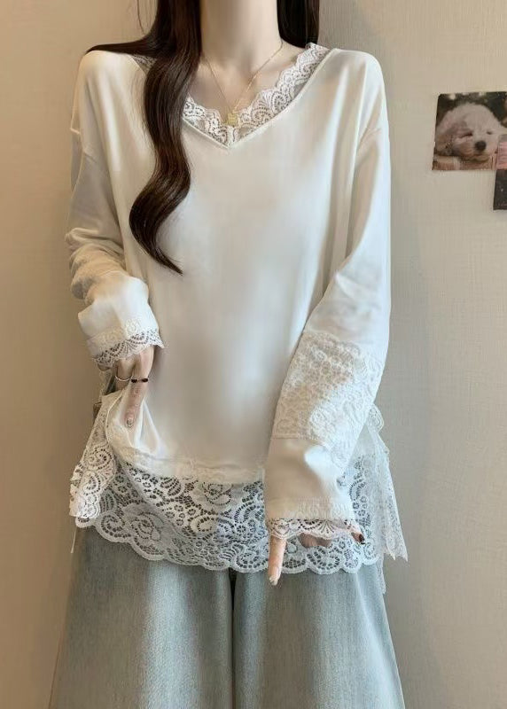 T-shirt gris français à col en V et dentelle patchwork en coton, printemps TW011