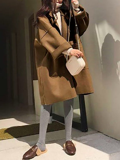 Elegant Loose Khaki Notched Collar Buttoned Pockets Long Sleeves Woolen Coat WS013