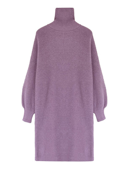 Urban Loose Purple High-Neck Long Puff Sleeve Sweater Dress AN1052