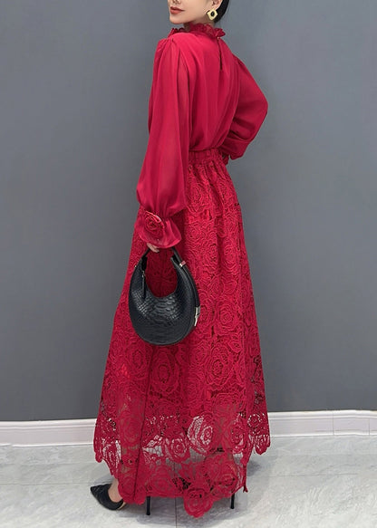 Fine Red Rose Lace Shirts And Maxi Skirts Two Pieces Set Fall AO1033