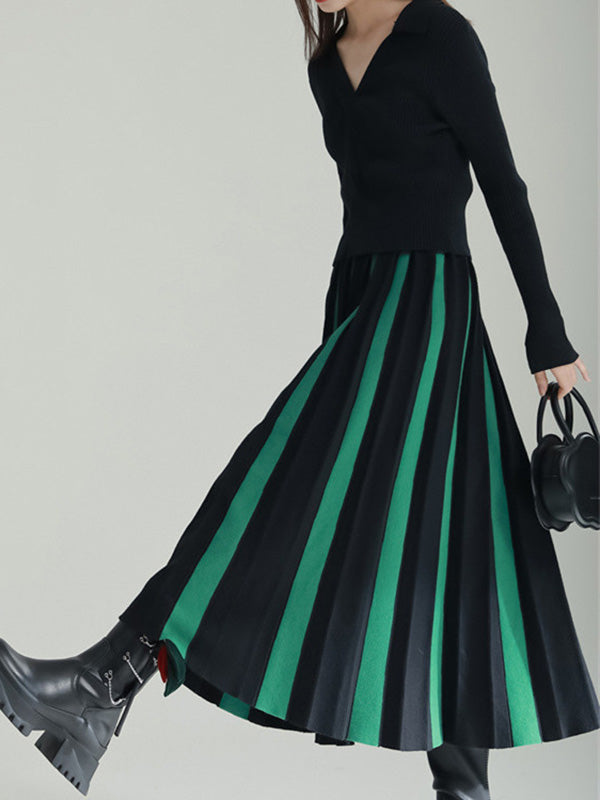 A-line Pleated Retro Skirt Knit Contrast White Color