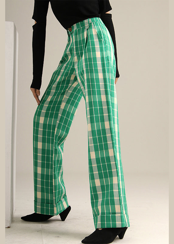 Bohemian Green Plaid high waist straight pants Spring TT1019