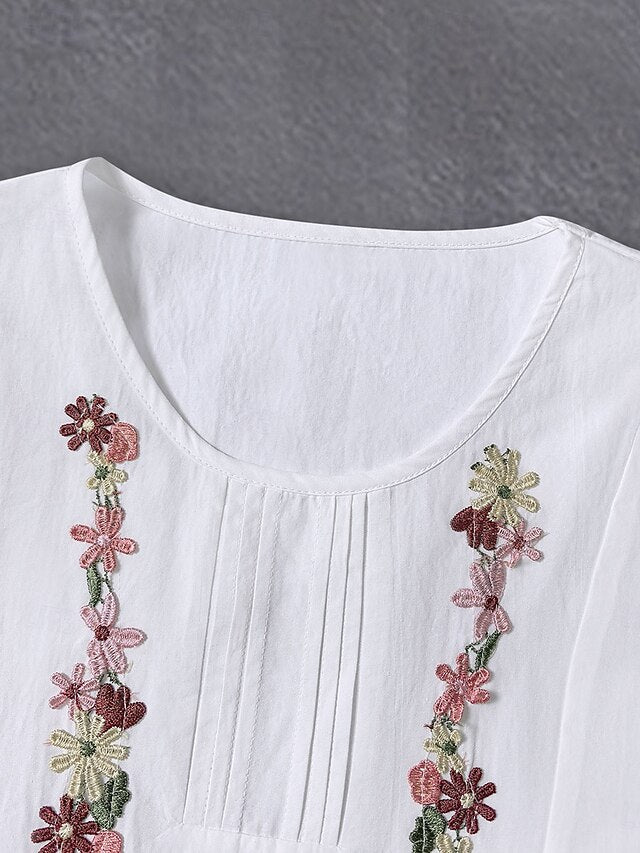 Women's Shirt Blouse Ruched Patchwork Embroidered Floral