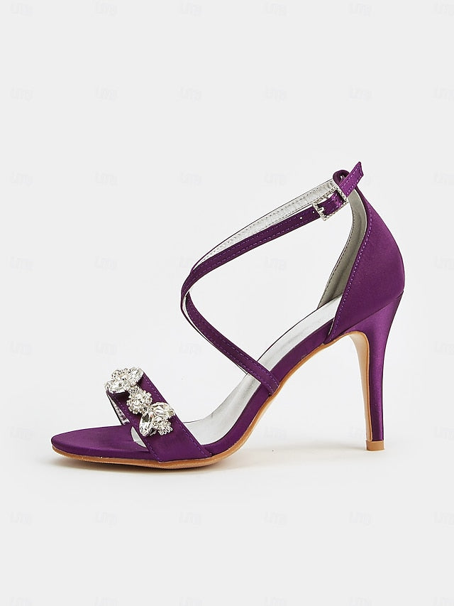 Stiletto Women's Purple Rhinestone Satin Heels Straps with