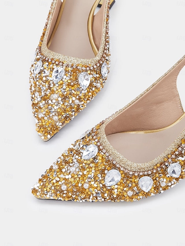 with Slingback Pearl Heels Rhinestone Women's Gold