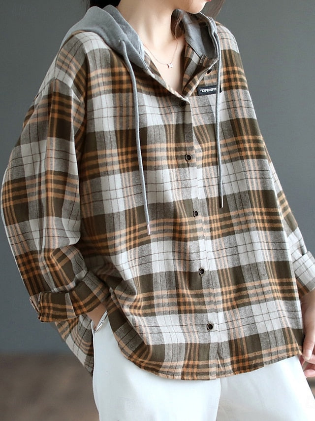Women's Blouse Buttons Print Plaid Stylish Casual Long