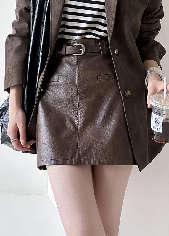 Modern Coffee Zippered High Waist Faux Leather Skirt Fall AF1059