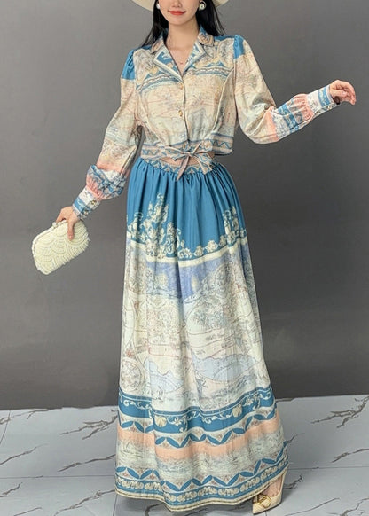 French Blue Print Tops And Skirts Cotton Two Pieces Set Fall AJ1023