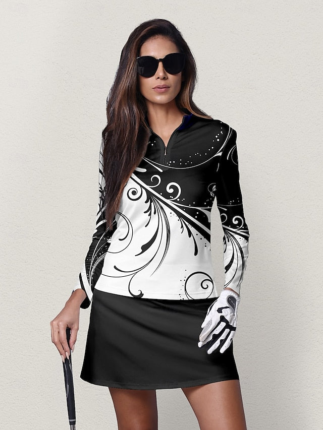 Women's Golf Polo Shirt Black Long Sleeve Top Ladies Golf