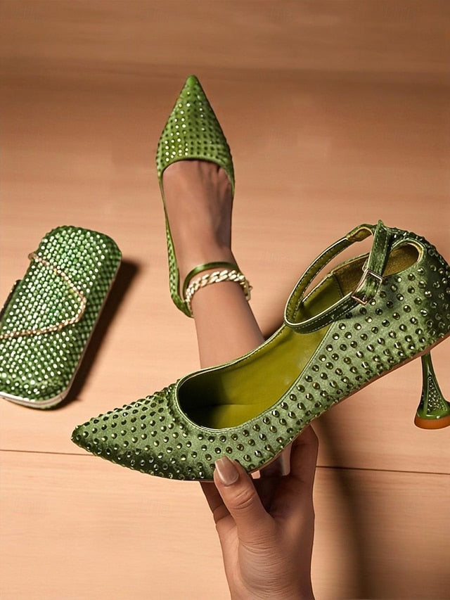 Matching and Clutch Set Women's Heels Bag Green Rhinestone