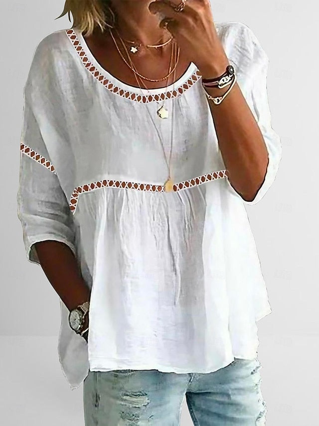 Women's Lace Shirt Eyelet top Long Cotton Top White Cotton