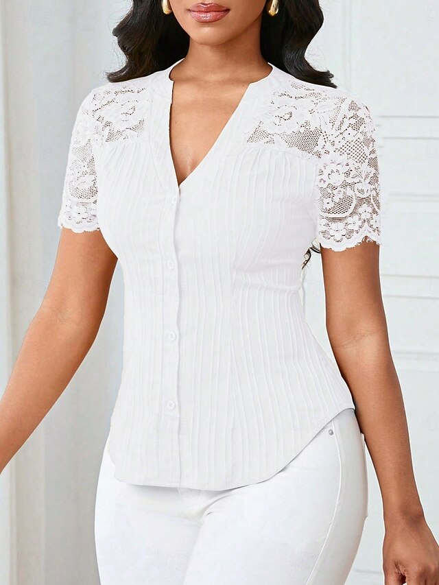 Women's T Shirt Tee Top Lace Patchwork Plain Elegant